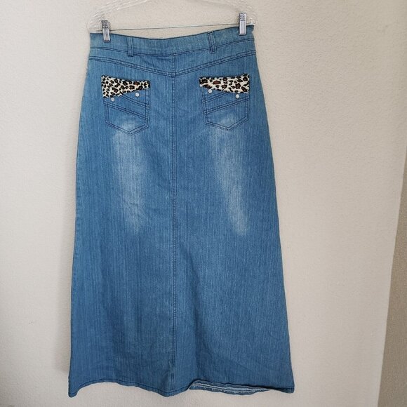 Vintage Y2K Denim Maxi Skirt Appliqué Patchwork Purse Leopard Long‎ Sz 30 - Picture 4 of 15